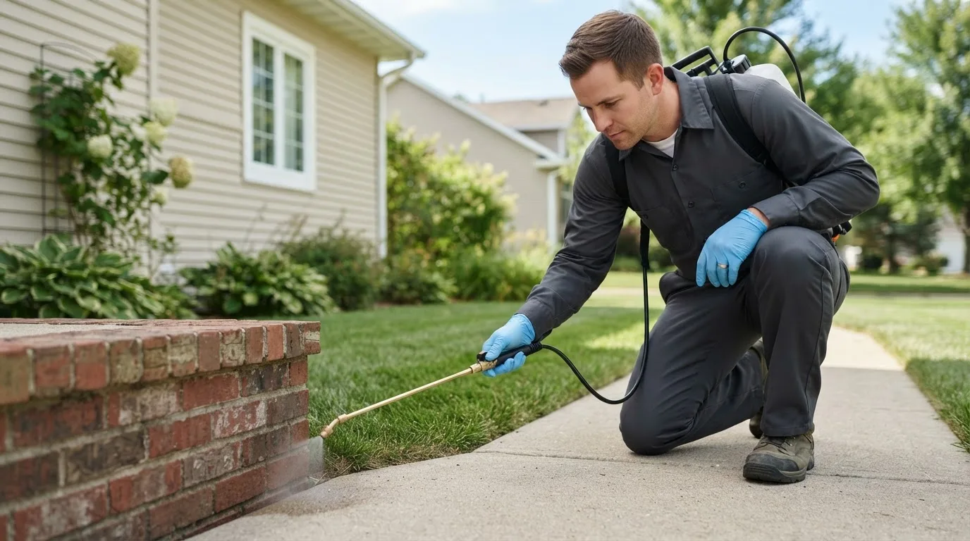 Pest control technician treating a home near Stigler, OK