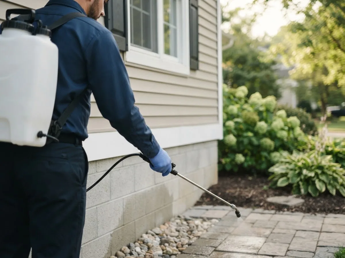 Pest control technician inspecting a home in Stigler, OK